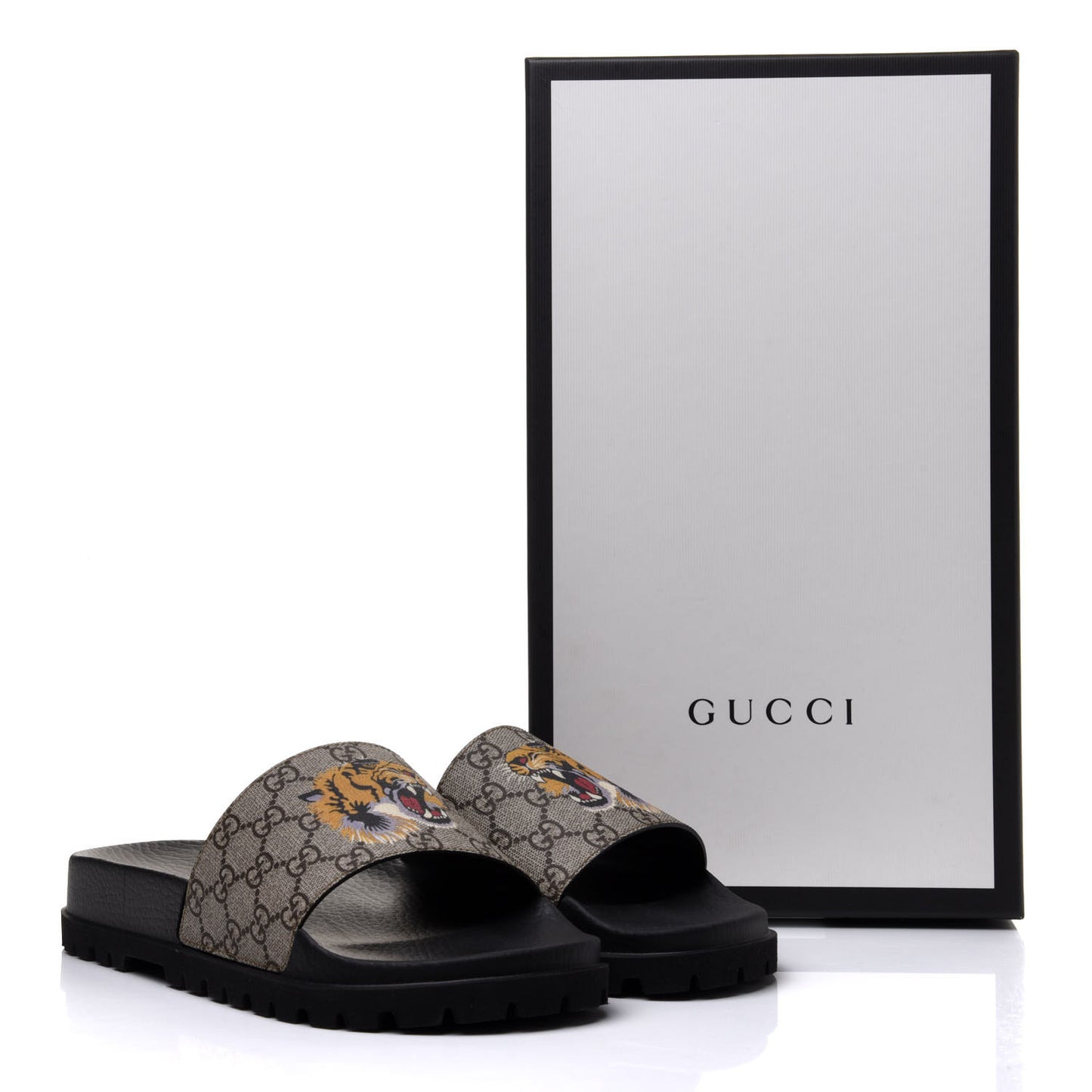 GG Supreme Monogram Tiger Mens Lug Sole Slide Sandals 9 Ebony