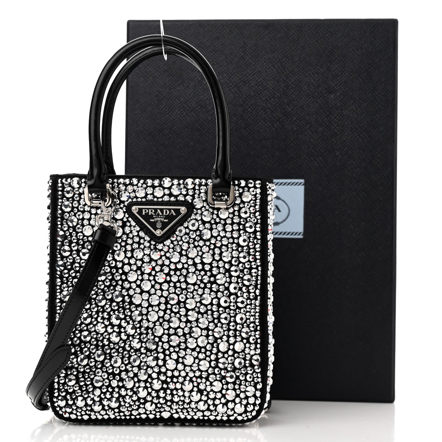 Prada Satin Crystal Metal Triangle Logo Small Double Handle Crossbody Tote Metal 10 of 10