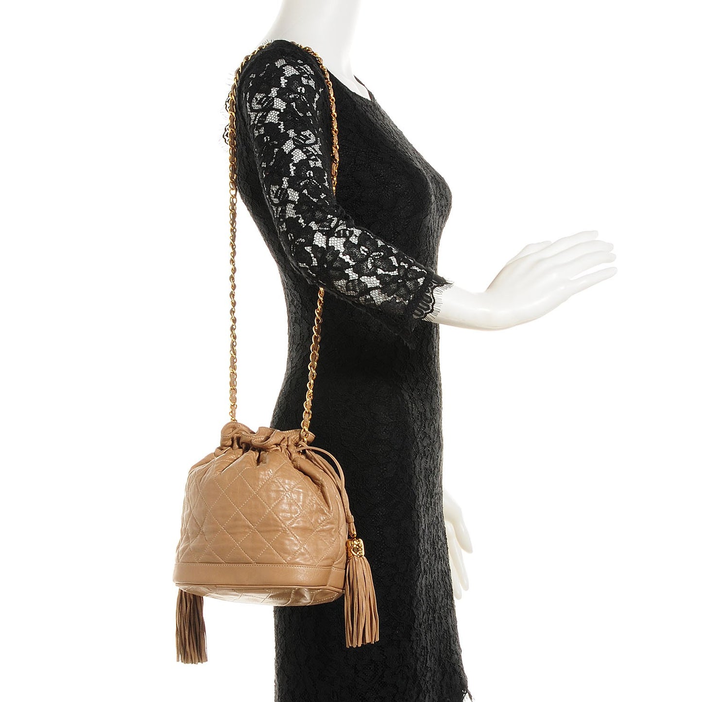 Lambskin Quilted Tassel Drawstring Pouch Beige
