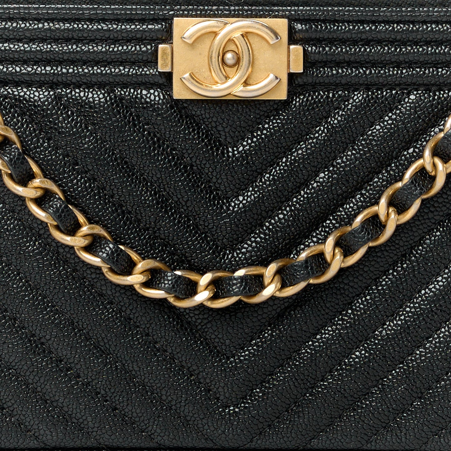 Caviar Chevron Small Boy Clutch With Chain Black