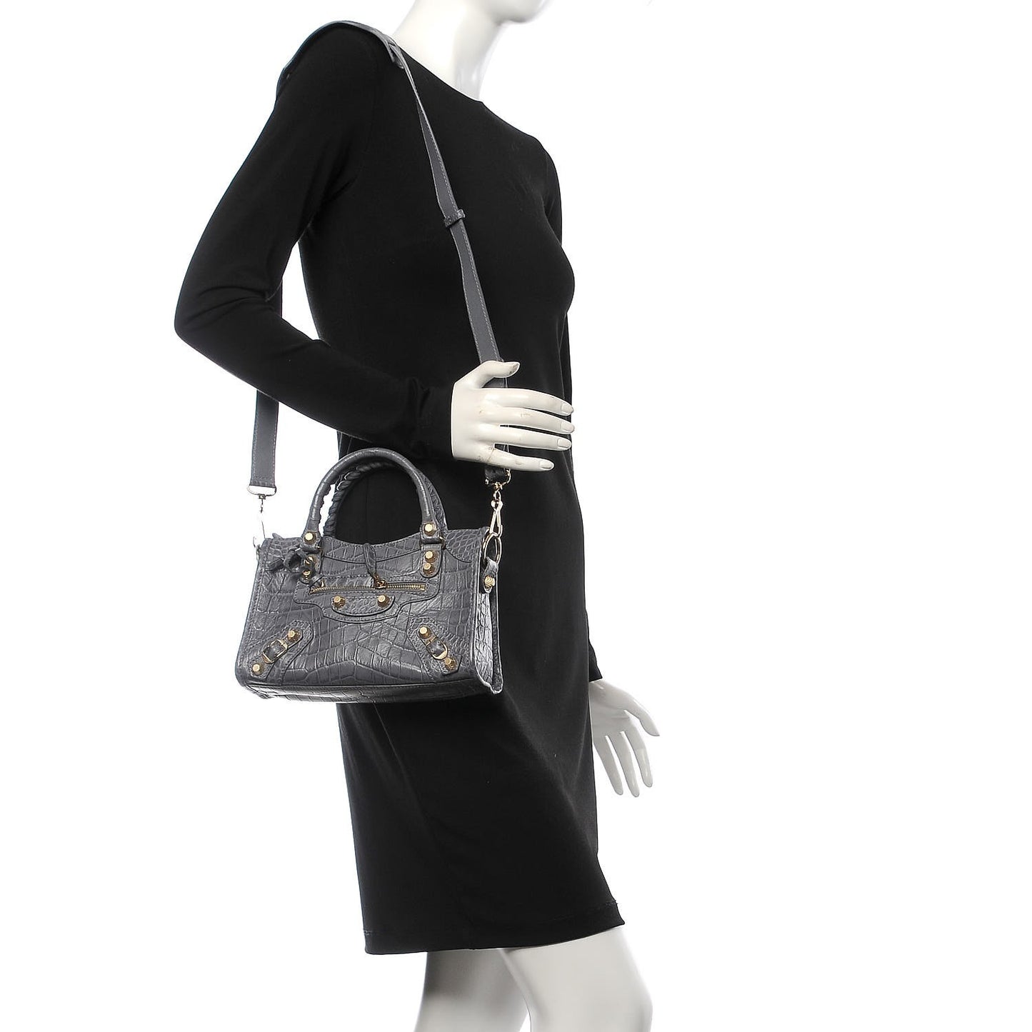 Calfskin Crocodile Embossed Giant 12 Gold Hardware Mini City Gris Beton