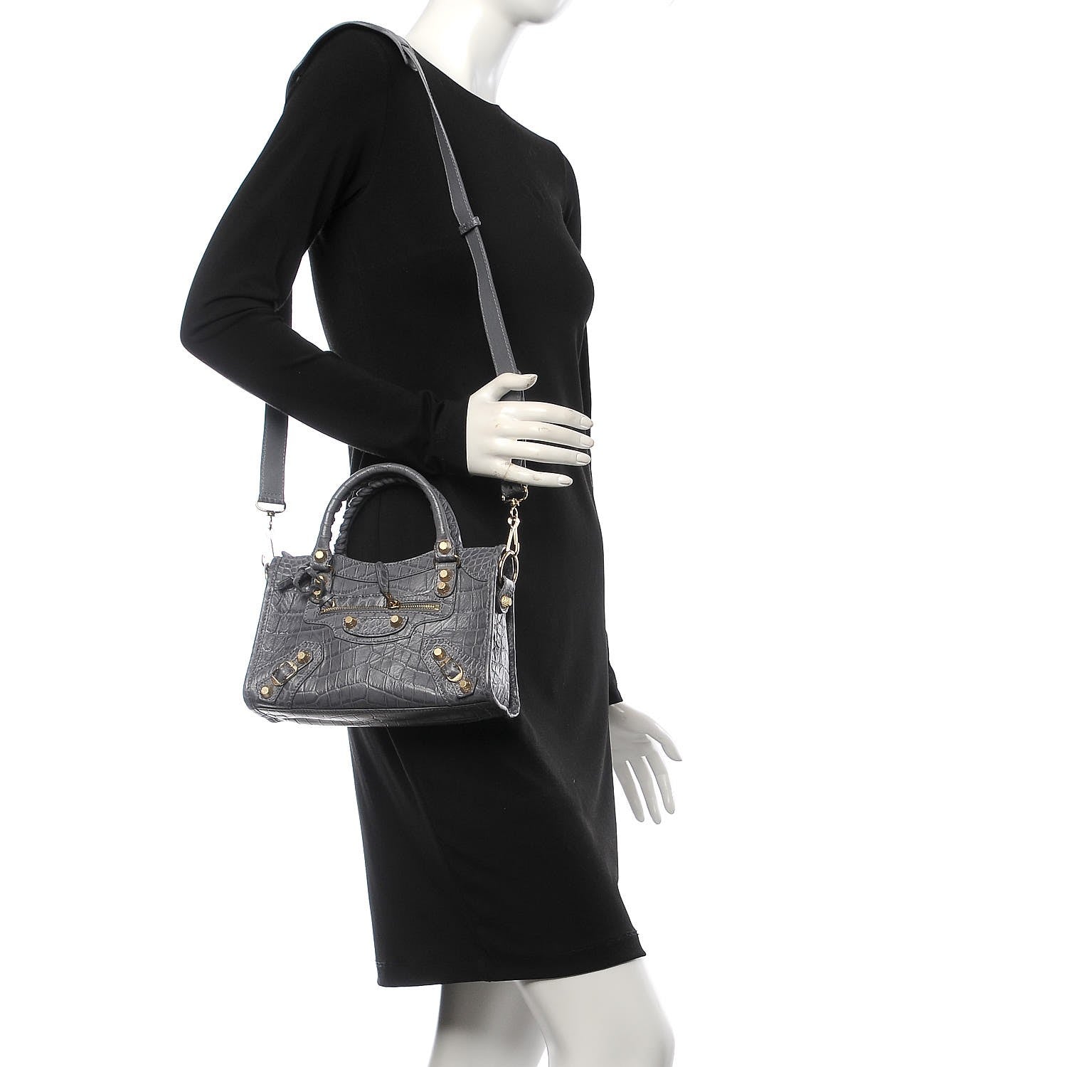 Balenciaga Calfskin Crocodile Embossed Giant 12 Gold Hardware Mini City Gris Beton 2 of 7