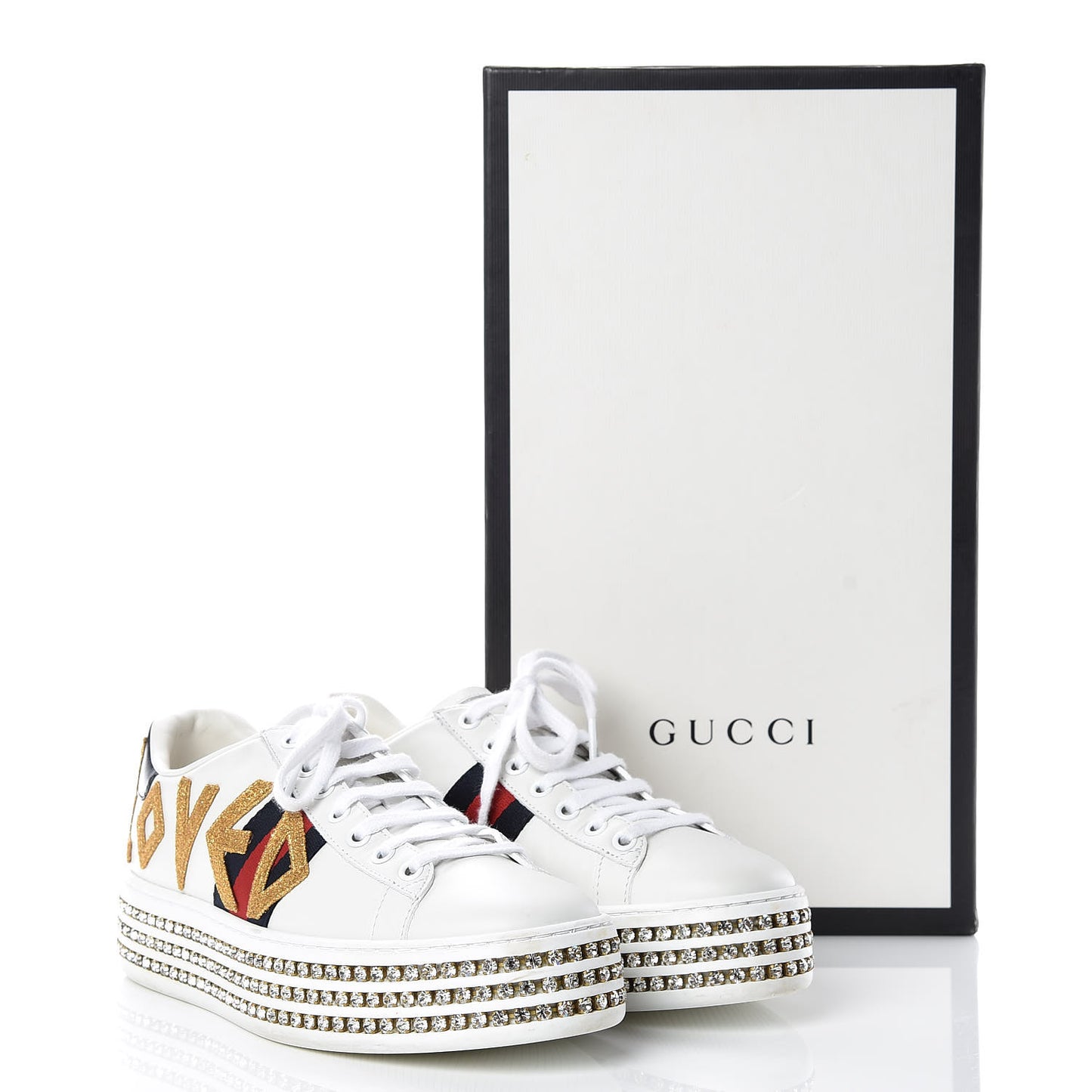 Calfskin Crystal Web LOVED Embroidered Womens Ace Platform Sneakers 37 White Red Flame Notte