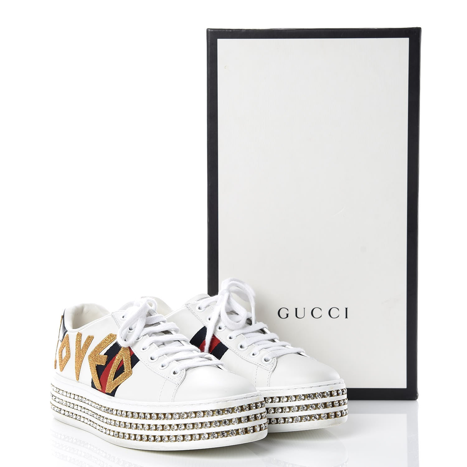 Gucci Calfskin Crystal Web LOVED Embroidered Womens Ace Platform Sneakers 37 White Red Flame Notte 12 of 12