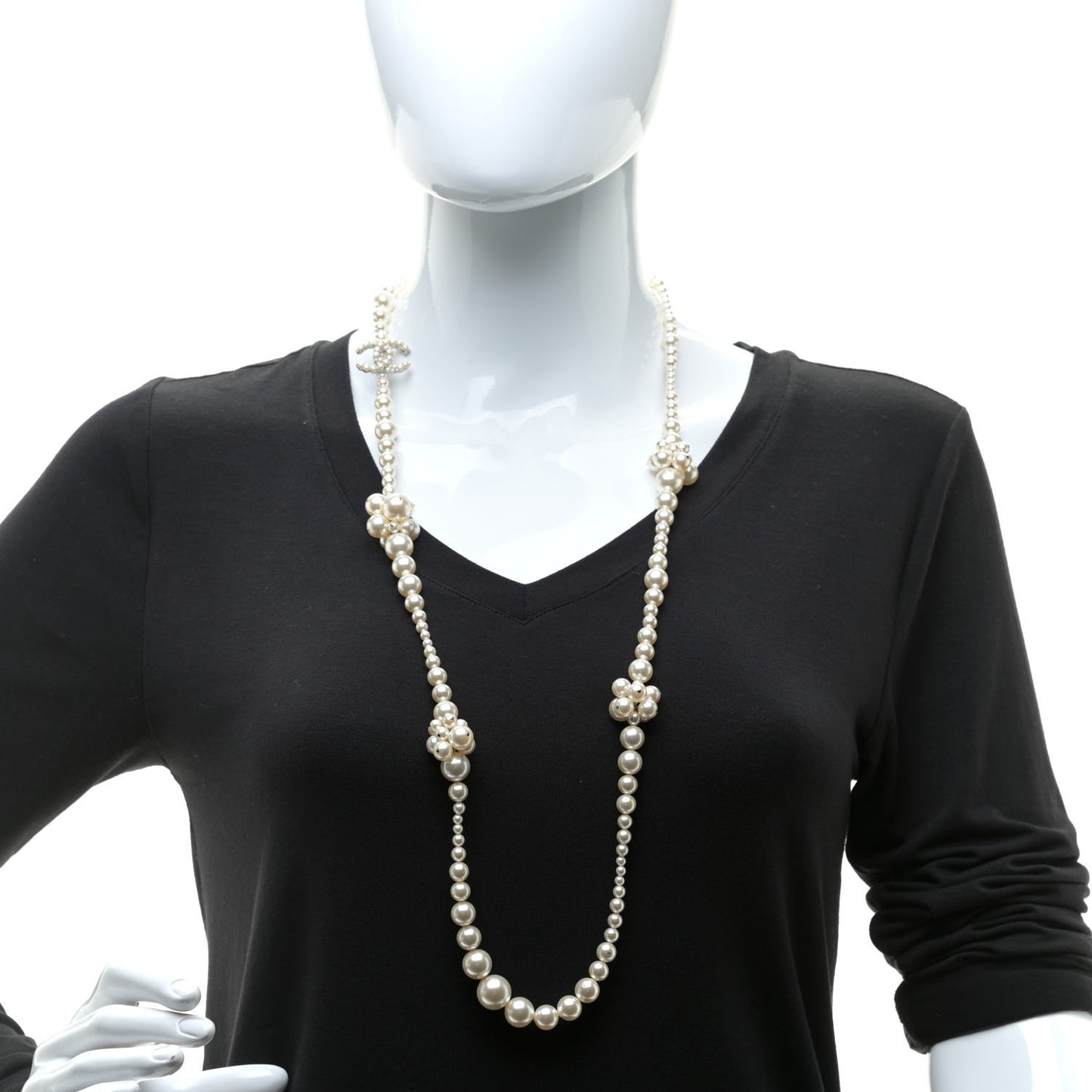Pearl Cluster CC Long Necklace Silver