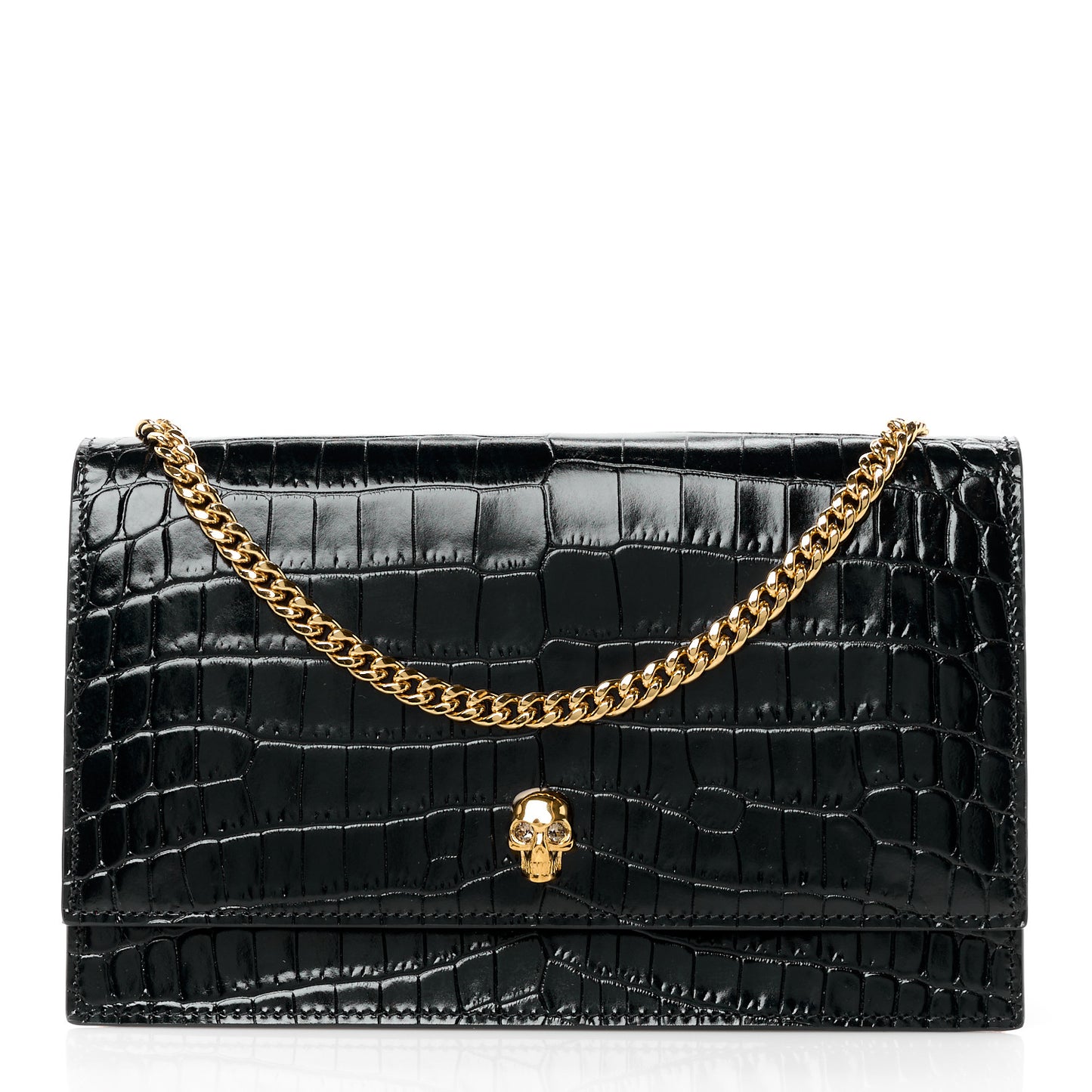 Calfskin Crocodile Embossed Skull Medium Shoulder Bag Black