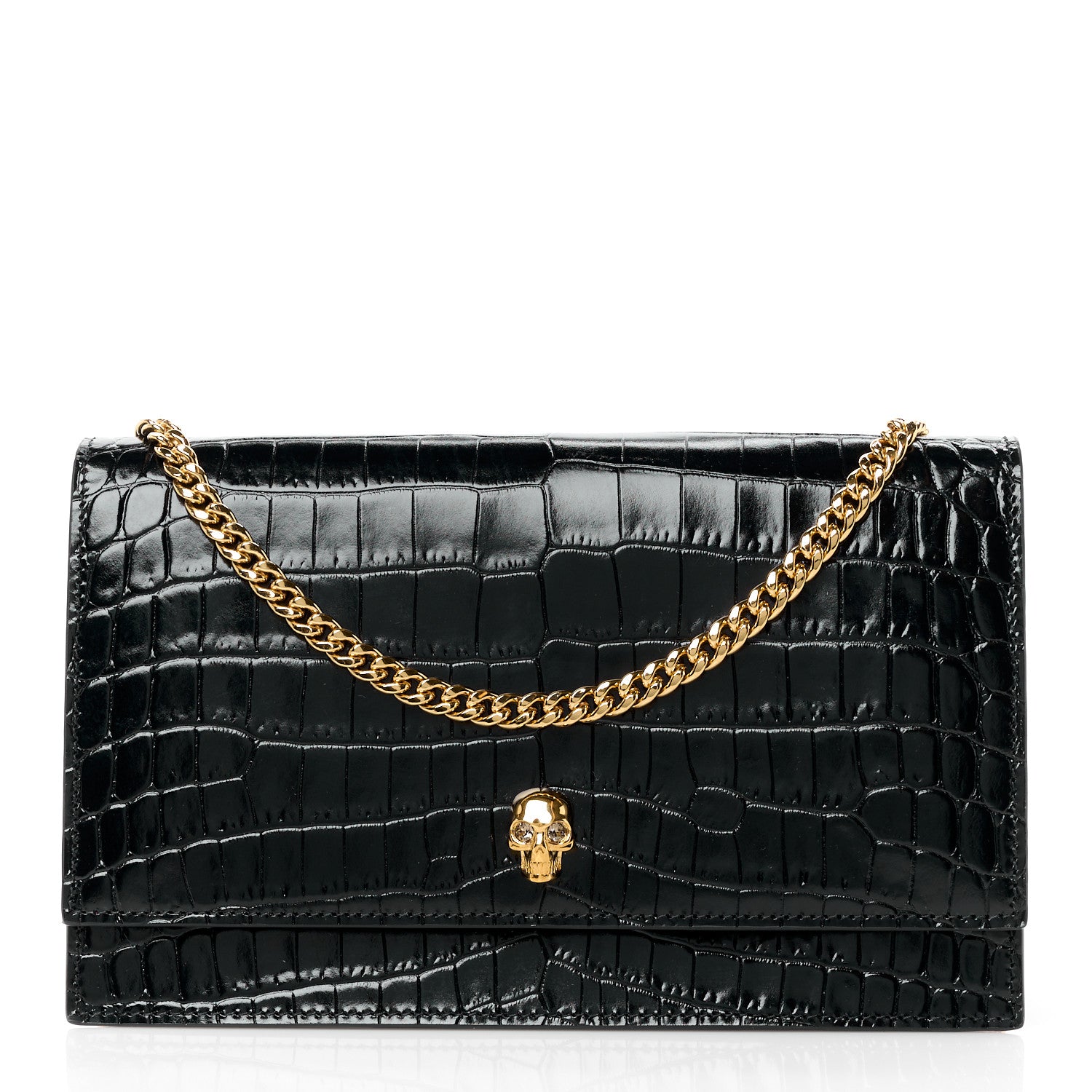 Alexander McQueen Calfskin Crocodile Embossed Skull Medium Shoulder Bag Black 1 of 11