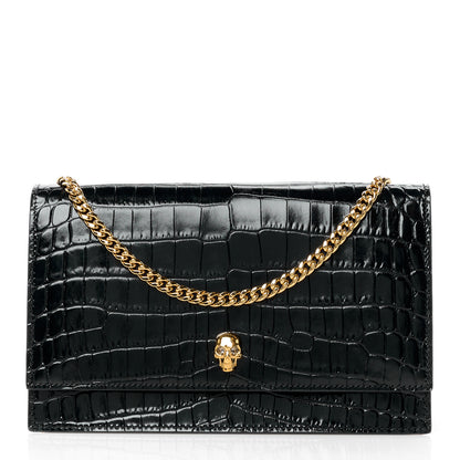 Alexander McQueen Calfskin Crocodile Embossed Skull Medium Shoulder Bag Black 1 of 11