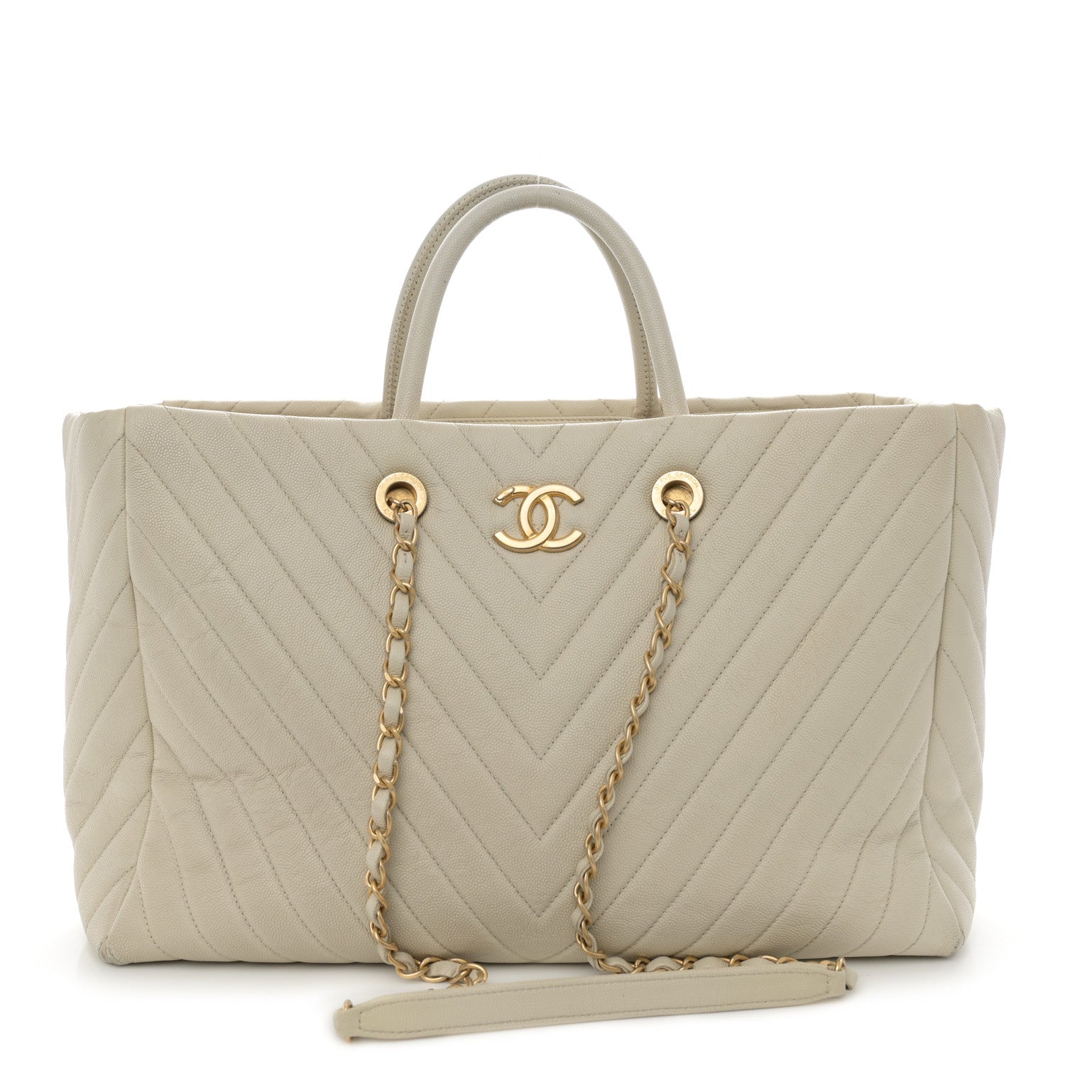 Chanel Caviar Chevron Quilted Coco Handle Shopping Tote Ivory 1 of 16
