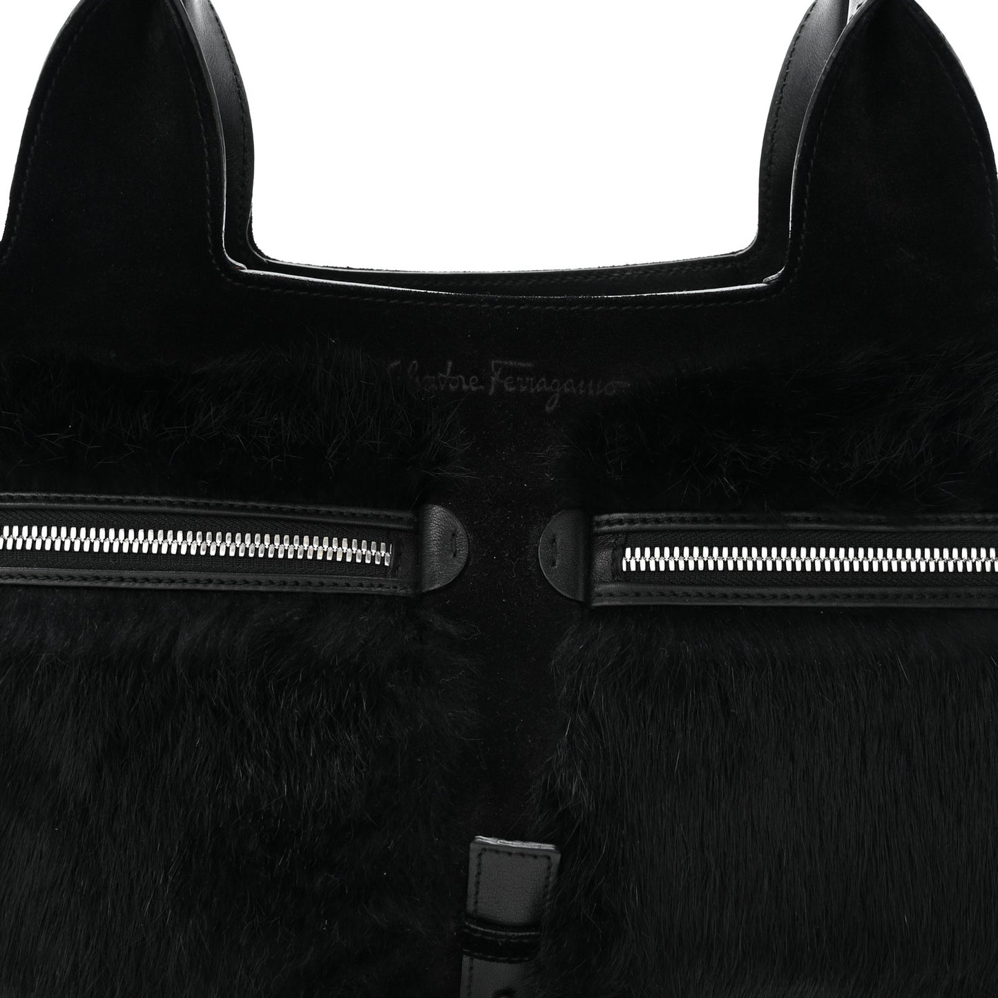 Fur Calfskin Suede Top Handle East West Tote Bag Black