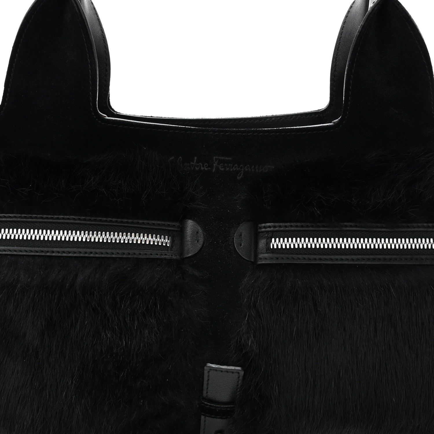 Salvatore Ferragamo Fur Calfskin Suede Top Handle East West Tote Bag Black 7 of 10