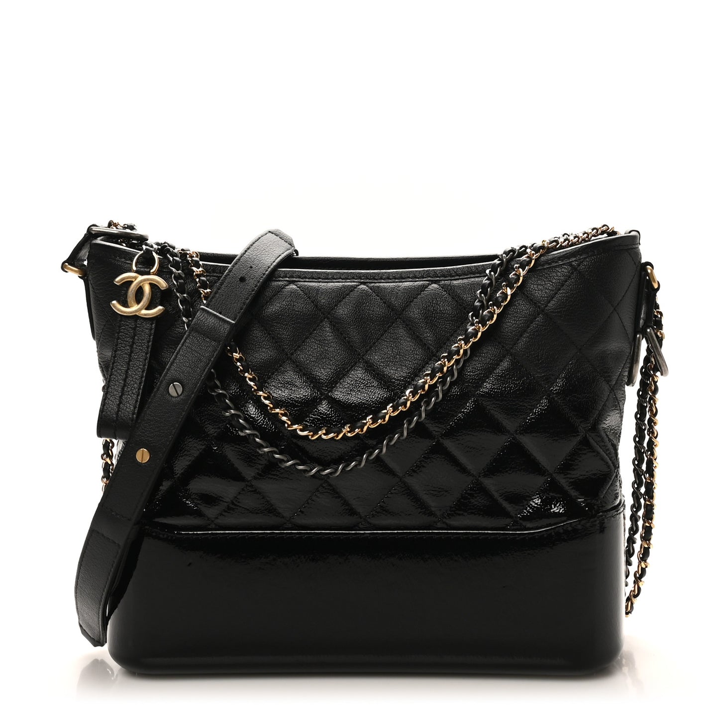 Patent Goatskin Quilted Medium Gabrielle Hobo Black