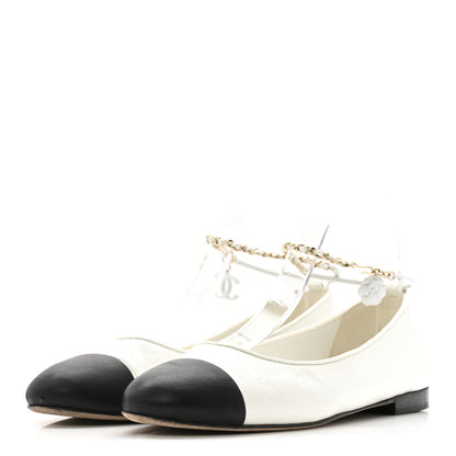 Chanel Shiny Lambskin Metal Cap Toe Ankle Chain Ballerina Flats 39.5 White Black 4 of 14
