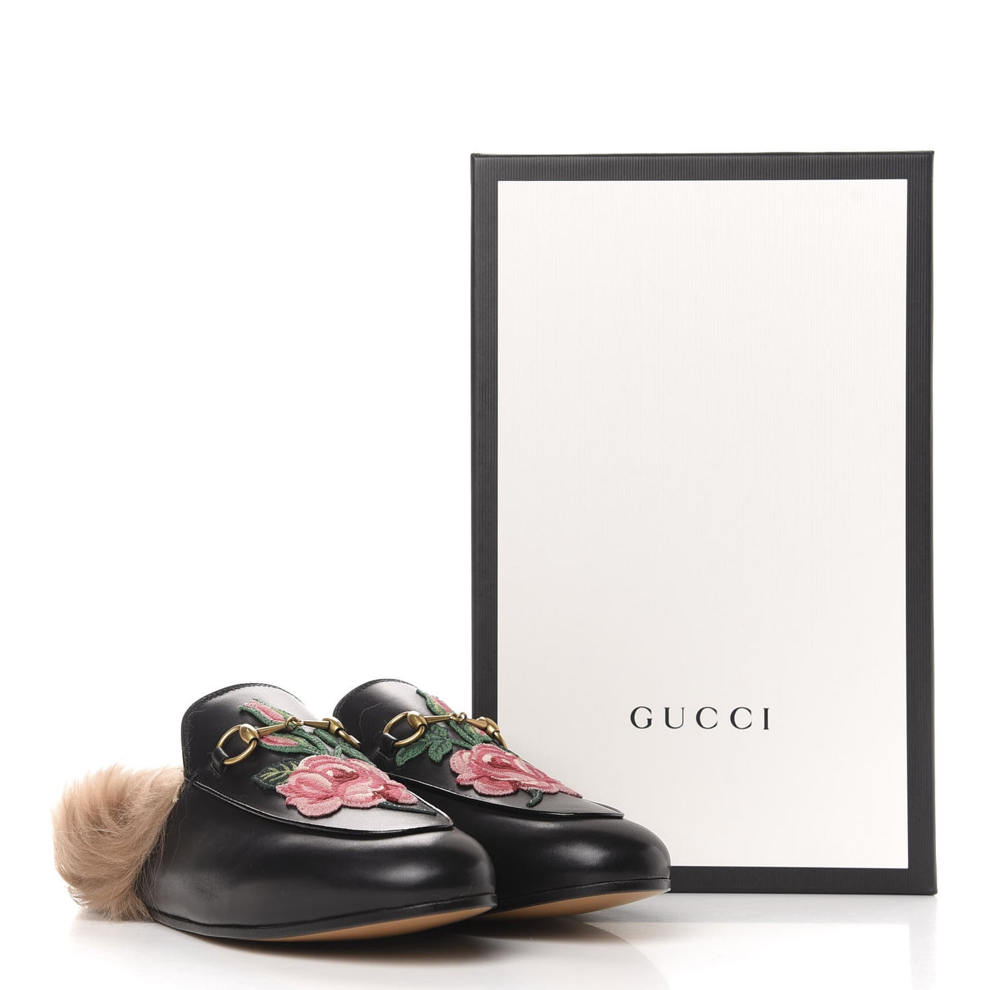 Calfskin Fur Flower Embroidered Princetown Slippers 41 Black