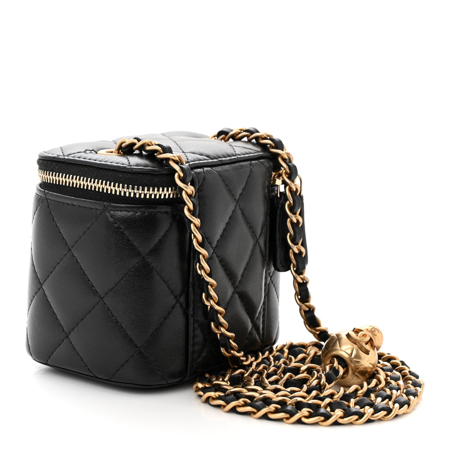 Lambskin Quilted Mini Pearl Crush Vanity Case With Chain Black