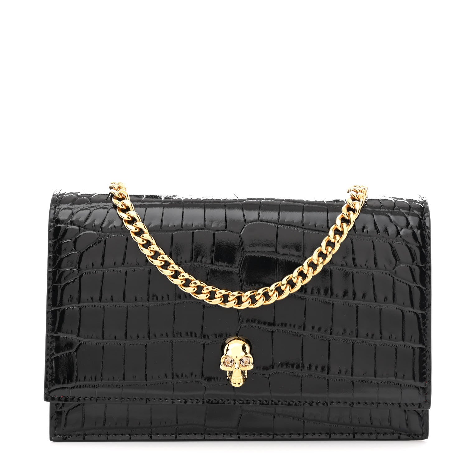 Alexander McQueen Calfskin Crocodile Embossed Skull Mini Shoulder Bag Black 1 of 9