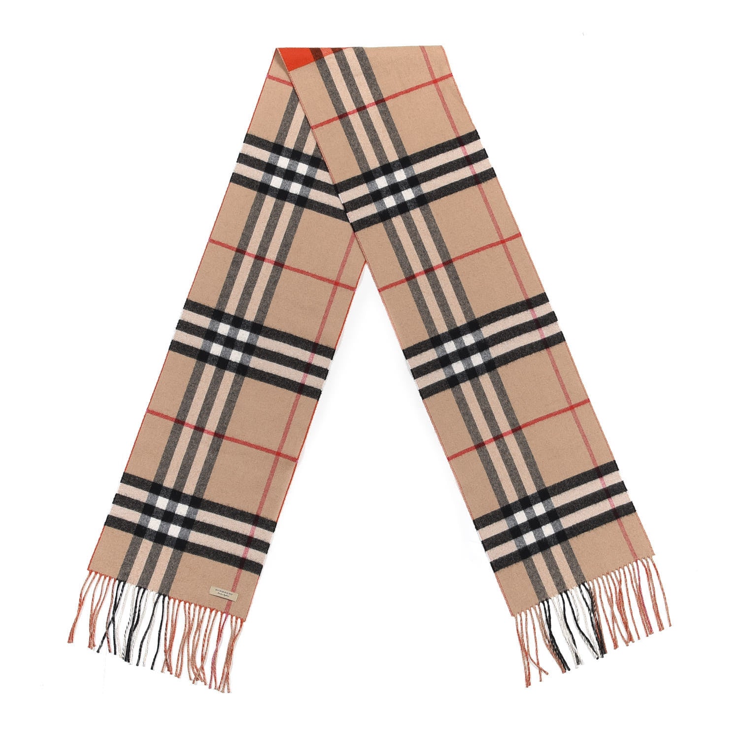 Burberry Cashmere Giant Check To Check Reversible Fringe Scarf Camel Bright Orange 2 of 3