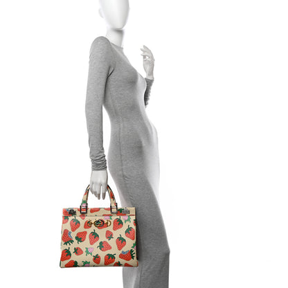 Gucci Calfskin Strawberry Print Medium Zumi Top Handle Bag Ivory Red 3 of 11