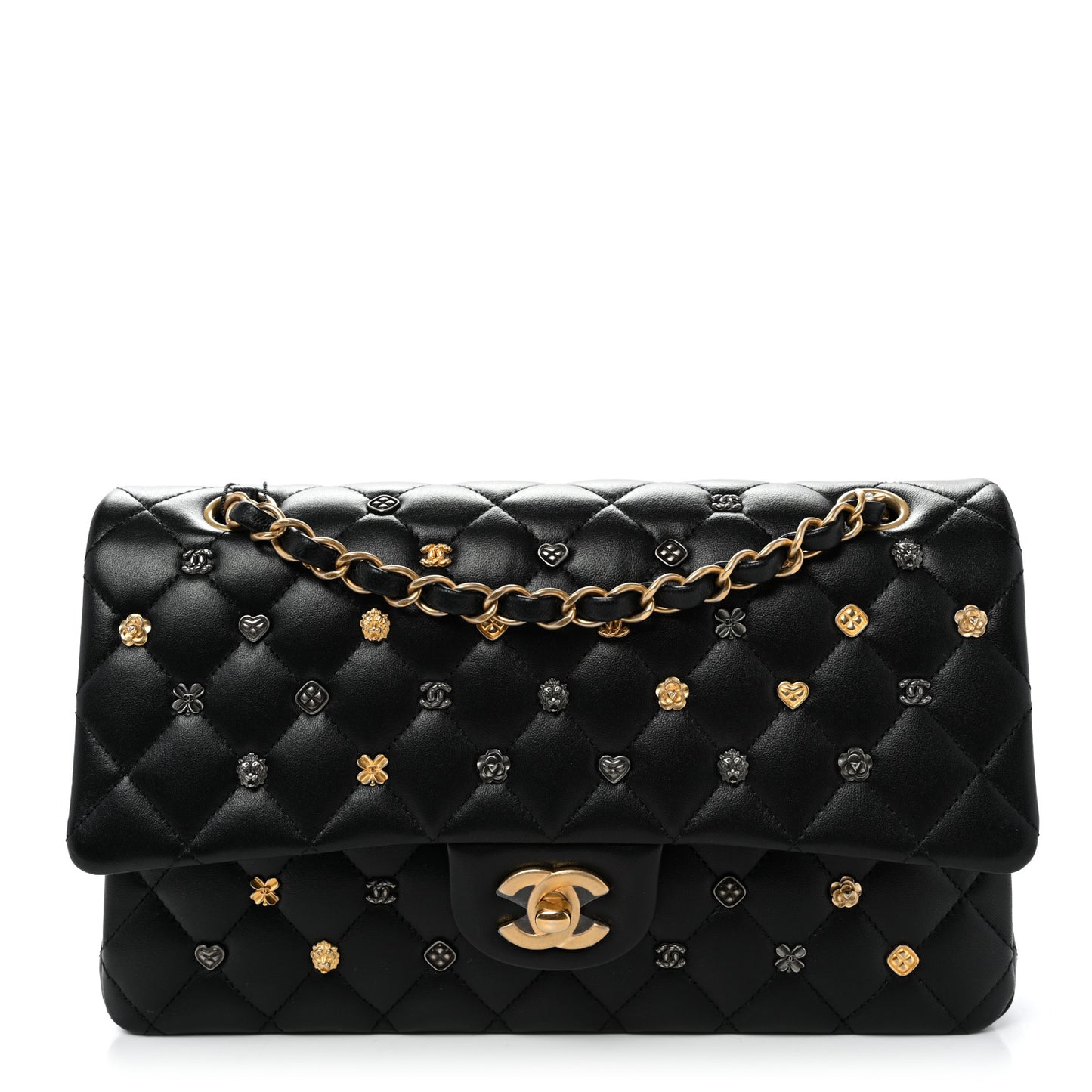 Lambskin Quilted Studded Medium Double Flap Black