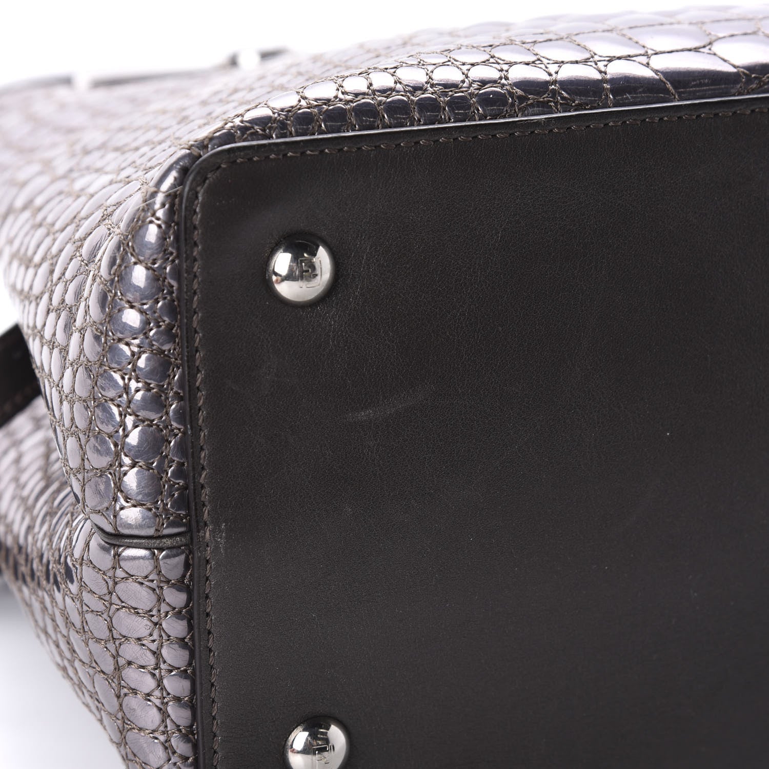 Fendi Metallic Calfskin Crocodile Embroidered Petite 2Jours Tote Silver Mirror 14 of 15