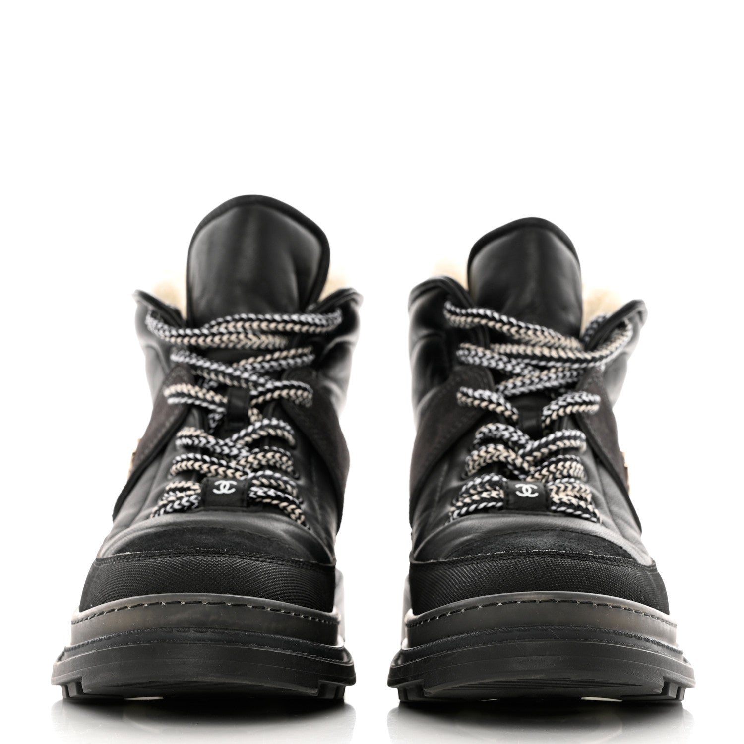 Chanel Lambskin Shearling Suede CC High Lace Up Boots 38 Black 4 of 27