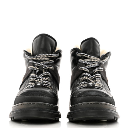 Chanel Lambskin Shearling Suede CC High Lace Up Boots 38 Black 4 of 27