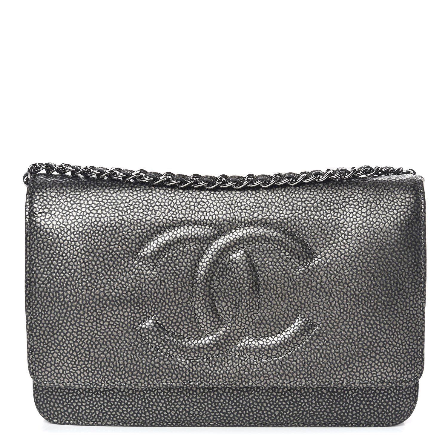 Chanel Metallic Caviar Timeless CC Wallet On Chain WOC Grey 1 of 12