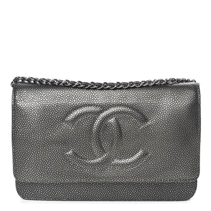 Chanel Metallic Caviar Timeless CC Wallet On Chain WOC Grey 1 of 12