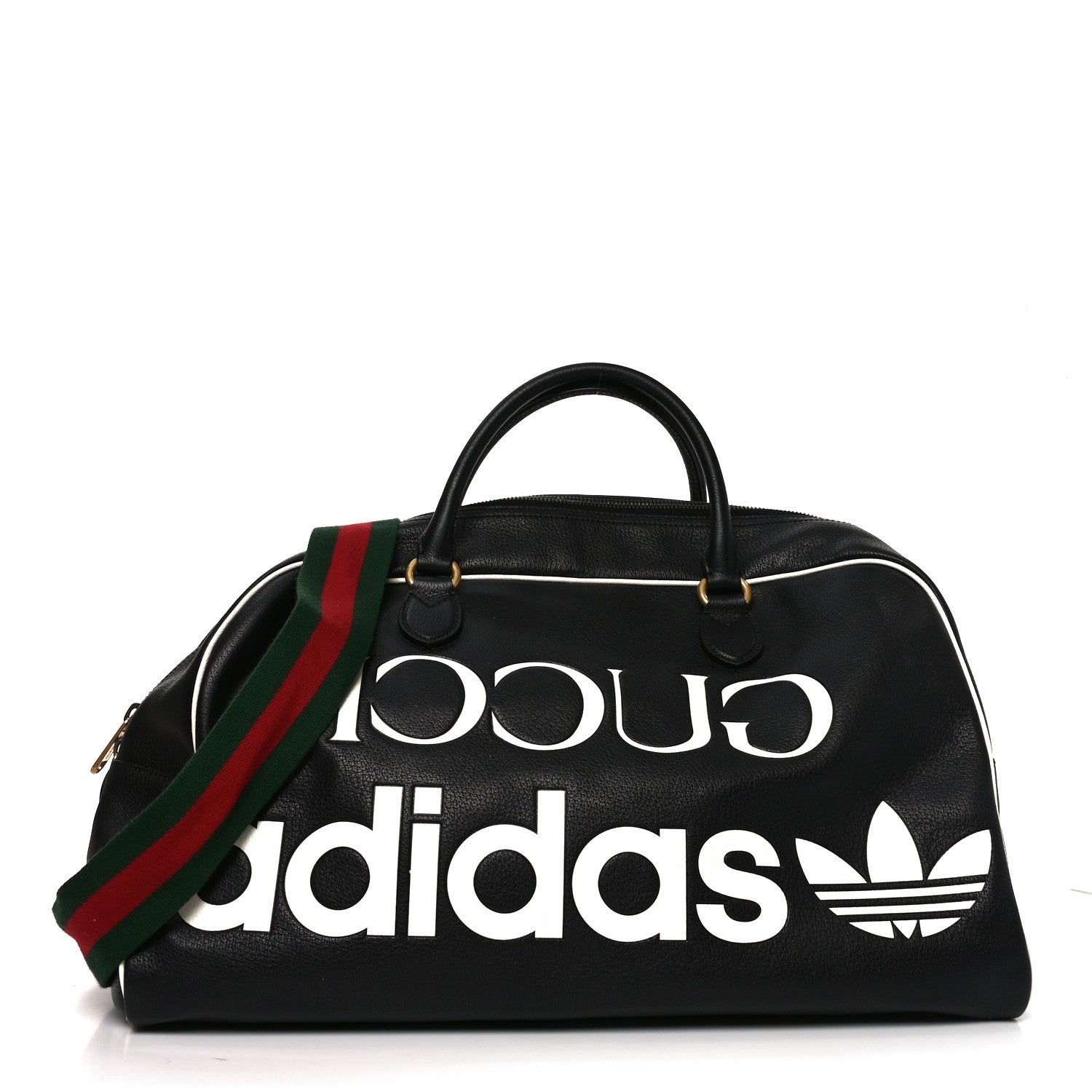 Gucci X ADIDAS Textured Dollar Calfskin Web Trefoil Large Bowling Bag Black Off White 1 of 10