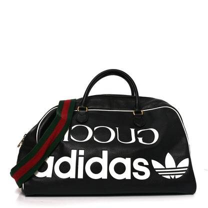 Gucci X ADIDAS Textured Dollar Calfskin Web Trefoil Large Bowling Bag Black Off White 1 of 10