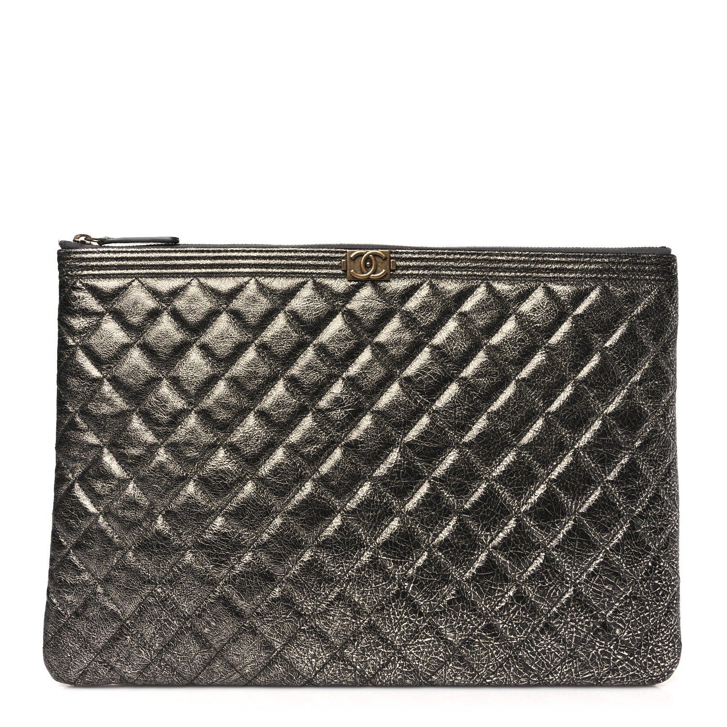 Chanel Cracked Metallic Calfskin Quilted Large Boy Cosmetic Case Dark Silver 1 of 11