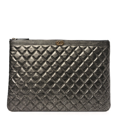 Chanel Cracked Metallic Calfskin Quilted Large Boy Cosmetic Case Dark Silver 1 of 11