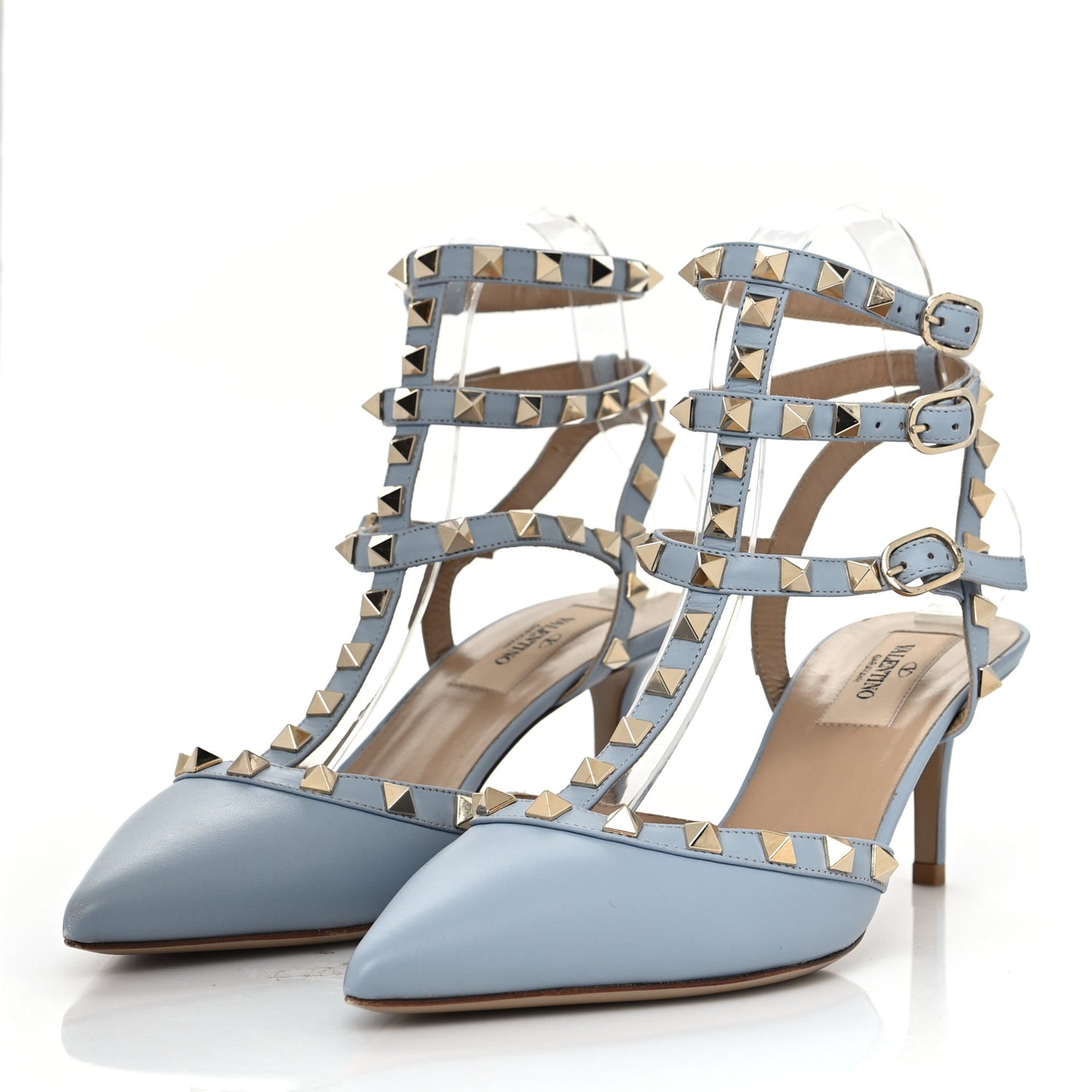 Calfskin Nappa Rockstud Ankle Strap 65mm Pumps 37.5 Water Sky