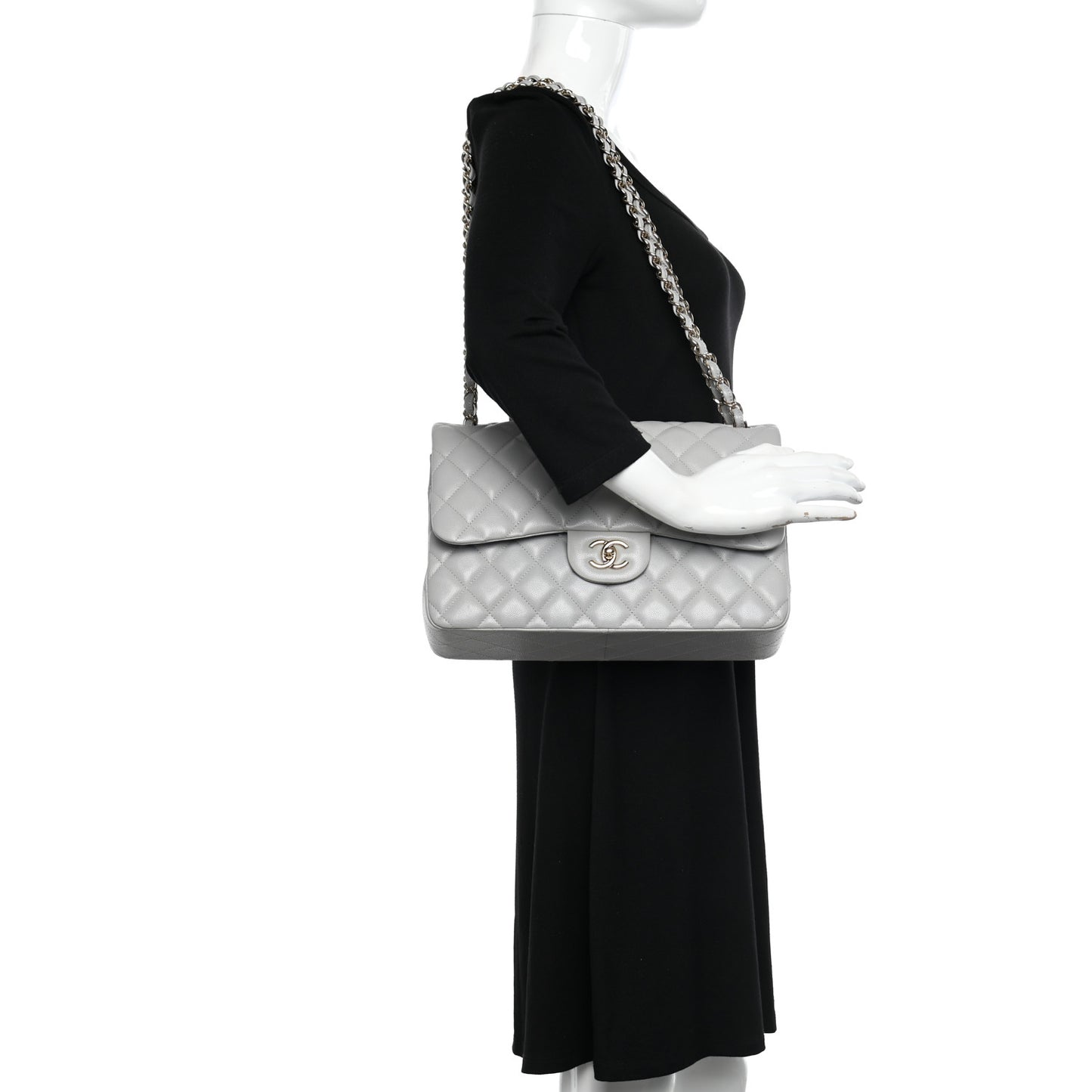 Caviar Quilted Jumbo Double Flap Grey