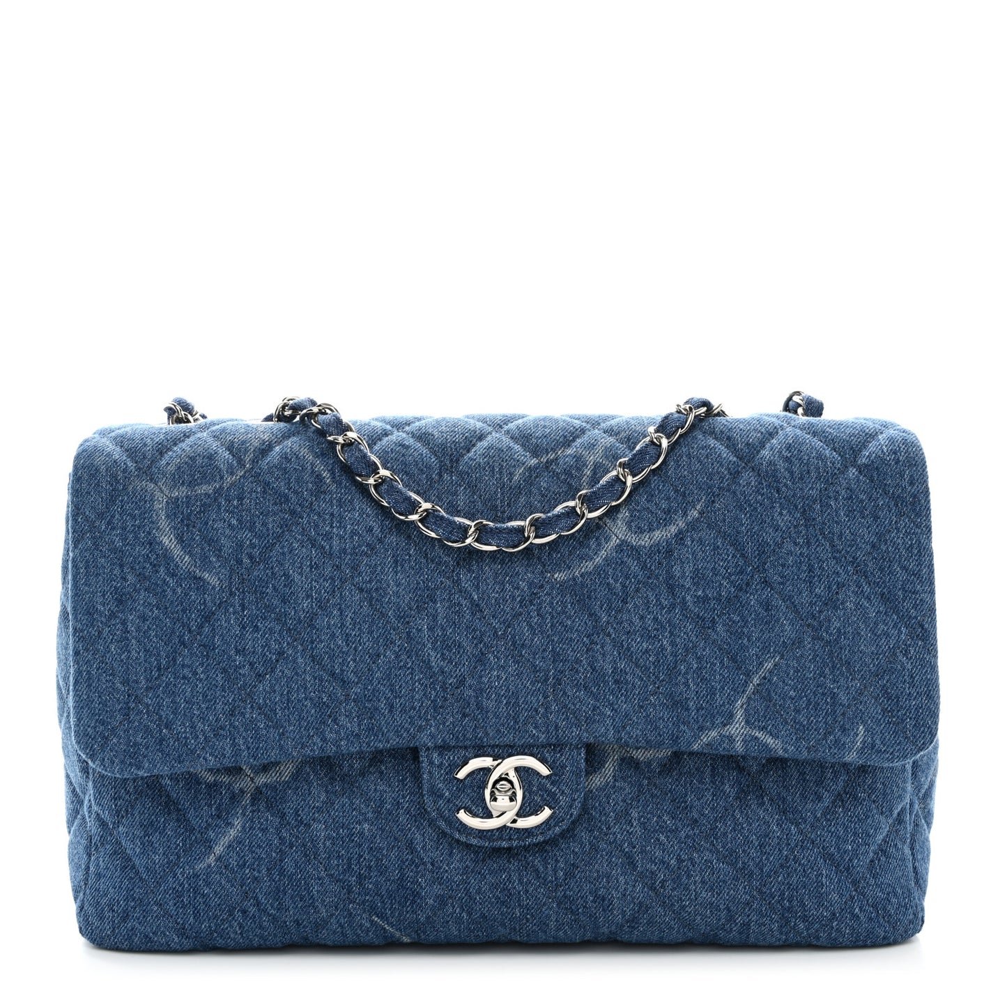 Denim Quilted CC Print Jumbo Single Flap Blue