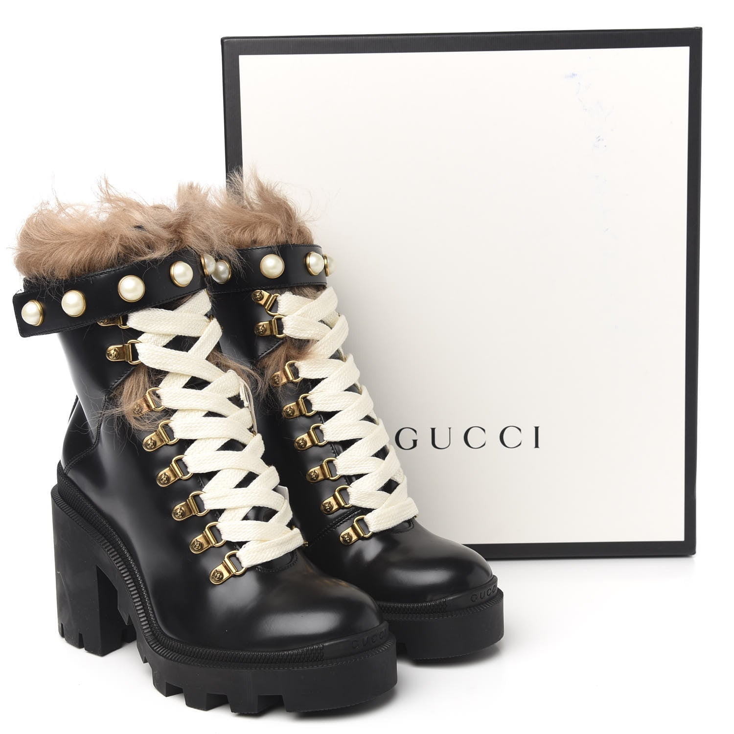 Gucci Magnum Calfskin Fur Pearl Lace Up Combat Ankle Boots 37 Black Naturale 7 of 7