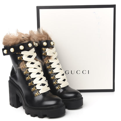 Gucci Magnum Calfskin Fur Pearl Lace Up Combat Ankle Boots 37 Black Naturale 7 of 7