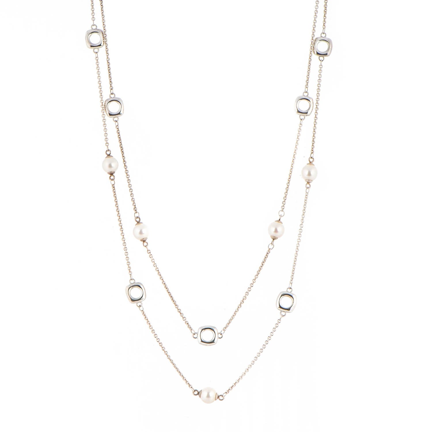 Tiffany Sterling Silver Pearl 7mm Long Necklace 1 of 6