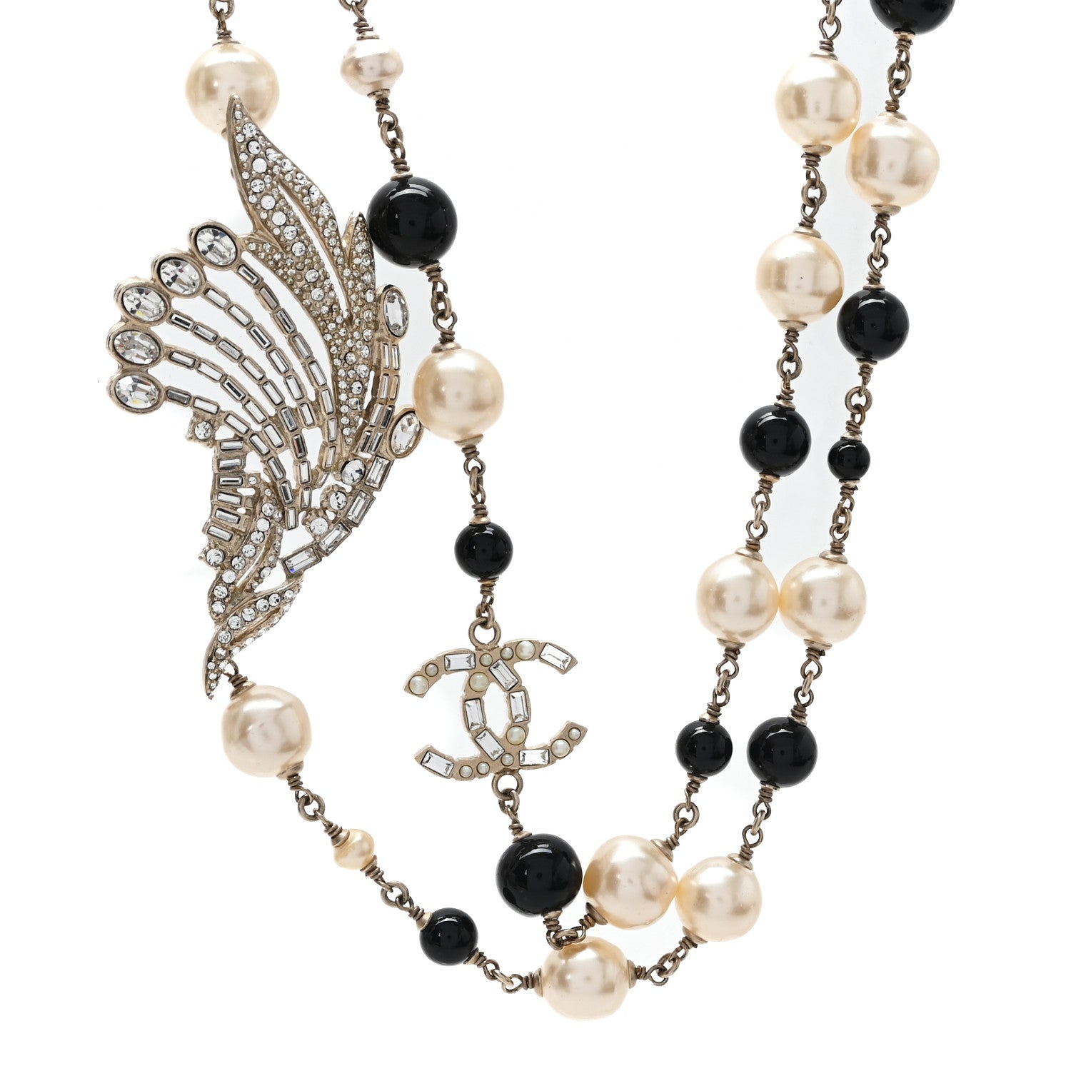 Chanel Pearl Crystal Baguette Beaded Wing Long Necklace Black Gold 1 of 5