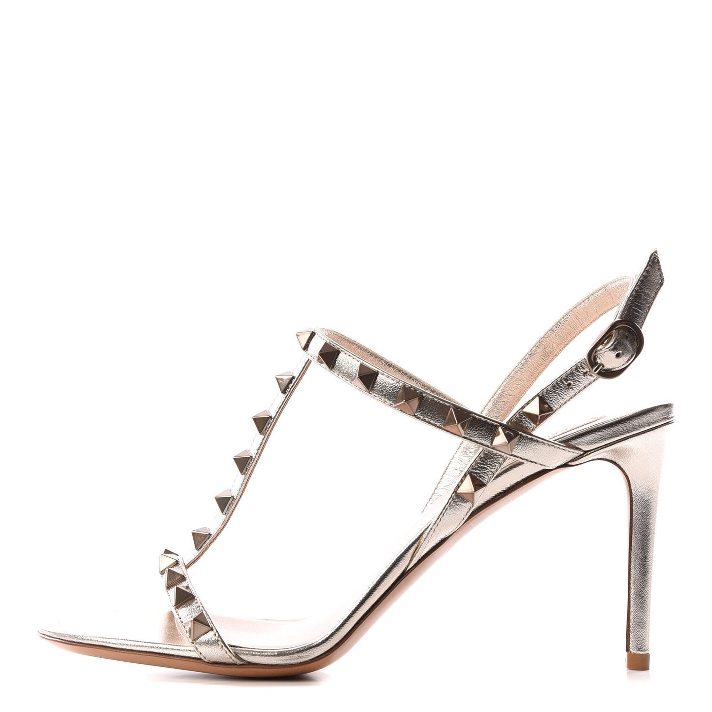 Metallic Nappa Rockstud T-Strap Slingback 85mm Sandals 38.5 Skin