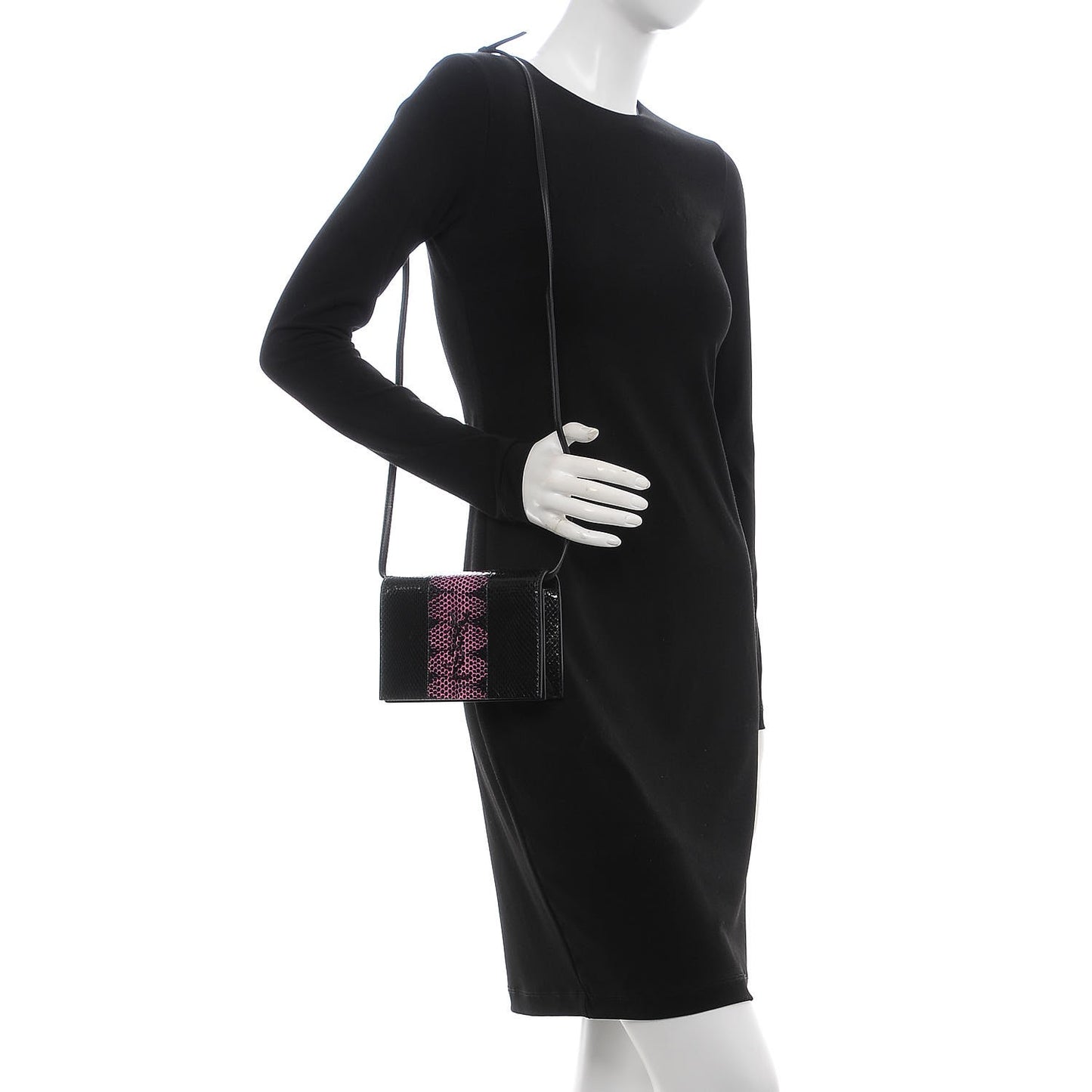 Snakeskin Two Tone Monogram Toy Kate Strap Wallet Black Fuchsia