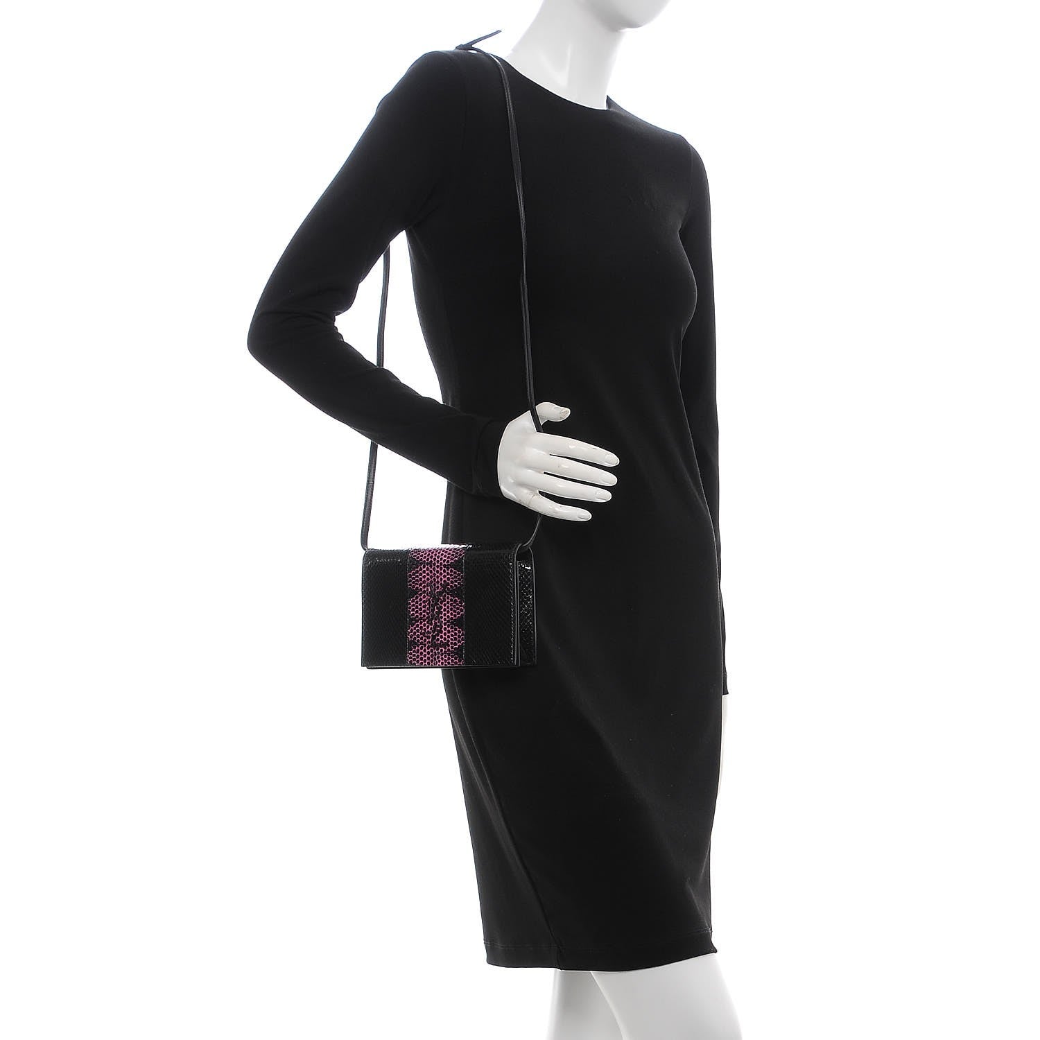 Saint Laurent Snakeskin Two Tone Monogram Toy Kate Strap Wallet Black Fuchsia 2 of 7