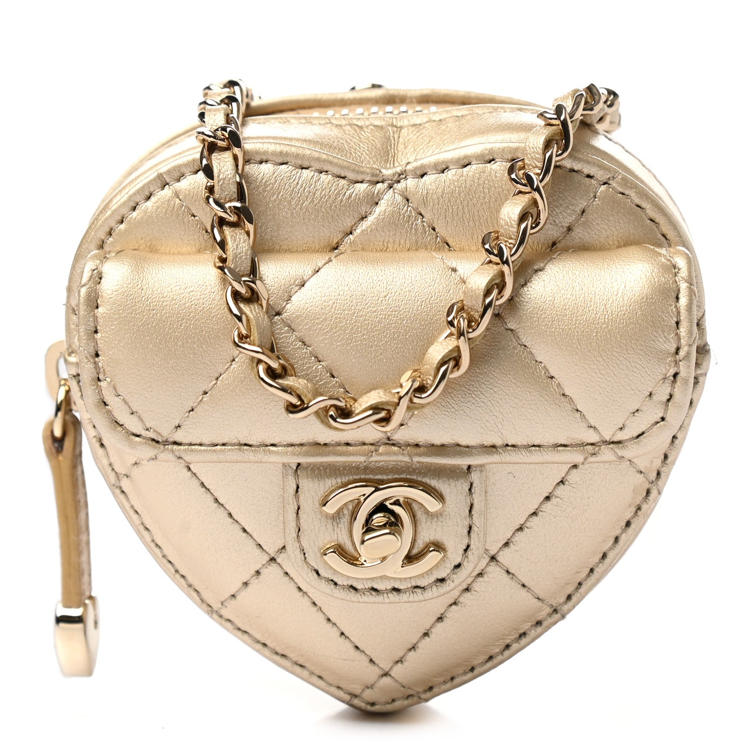 Chanel Metallic Lambskin Quilted CC In Love Heart Coin Purse With Chain Gold 1 of 8