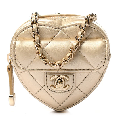 Chanel Metallic Lambskin Quilted CC In Love Heart Coin Purse With Chain Gold 1 of 8