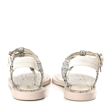 Chanel Tweed CC Thong Sandals 38 Ecru Blue Beige Grey 6 of 11