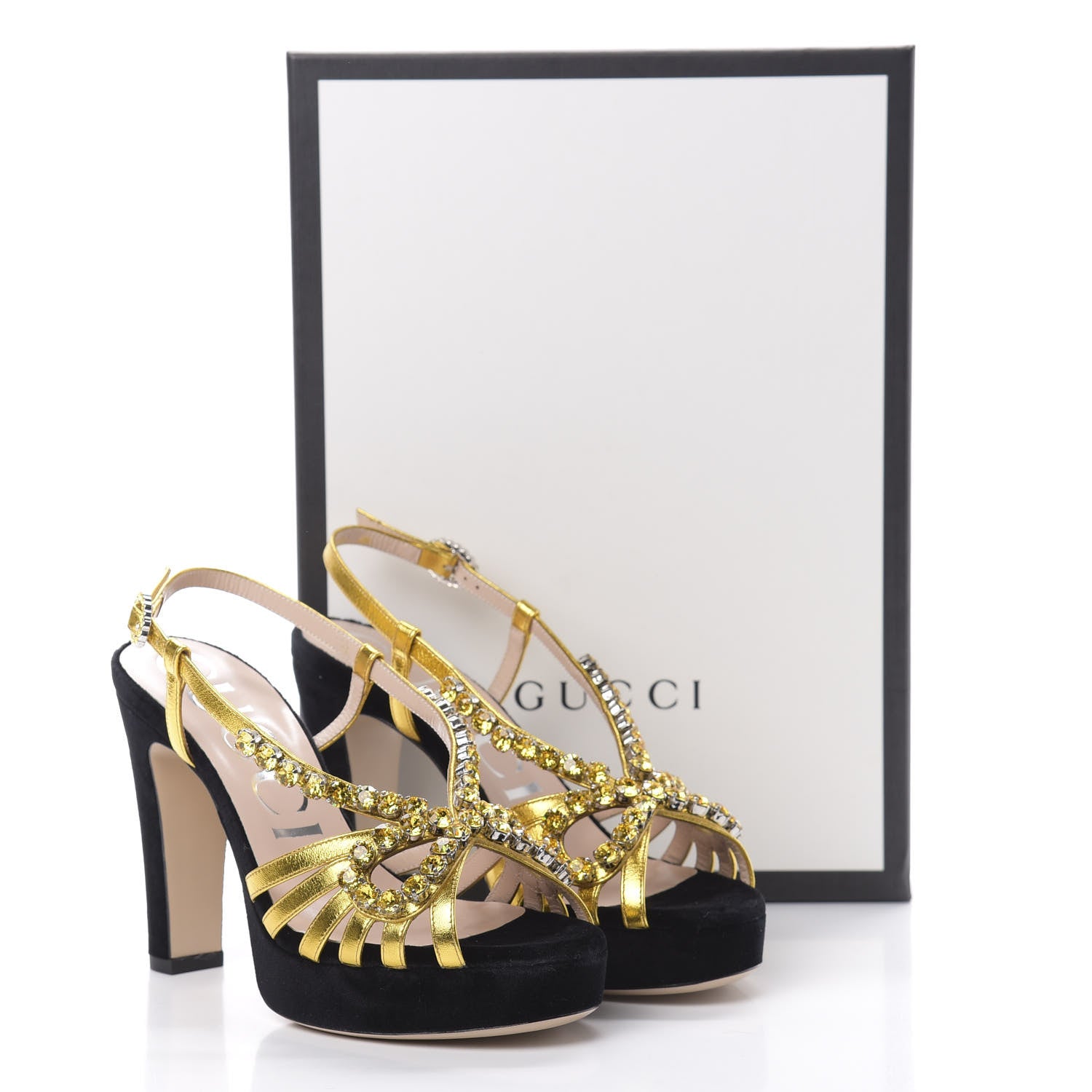 Gucci Velvet Nappa Crystal Zephyra Slingback Platform High Heel Sandals 36 Black Gold 9 of 9