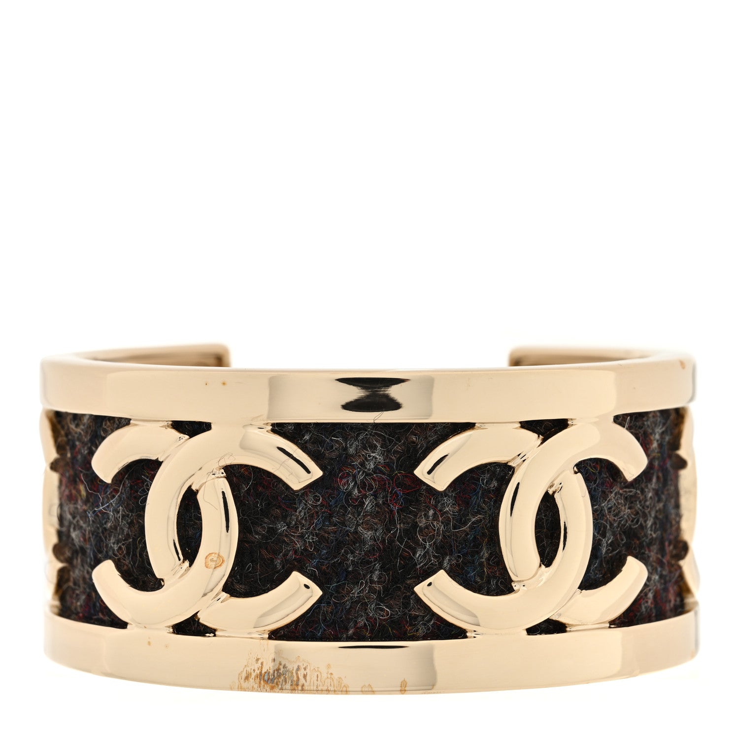 Chanel CC Tweed Cuff Bracelet M Gold Beige Black 1 of 4