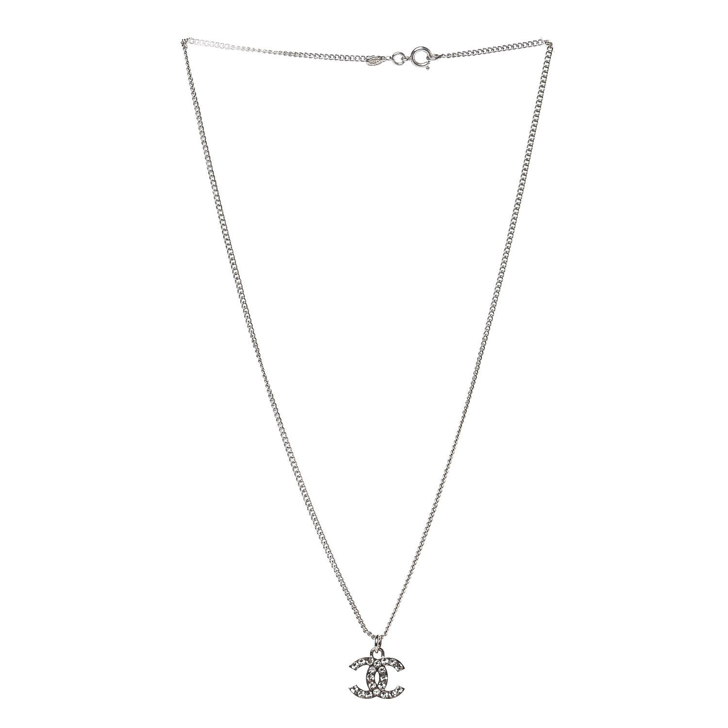 Chanel Crystal CC Pendant Necklace Silver 3 of 5