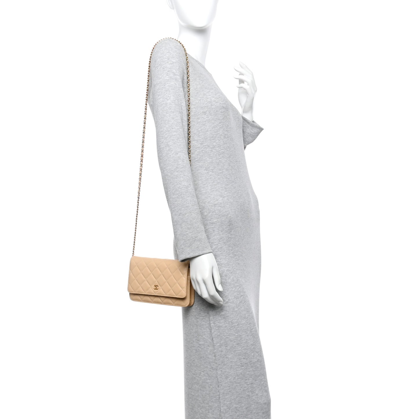 Caviar Quilted Wallet on Chain WOC Beige