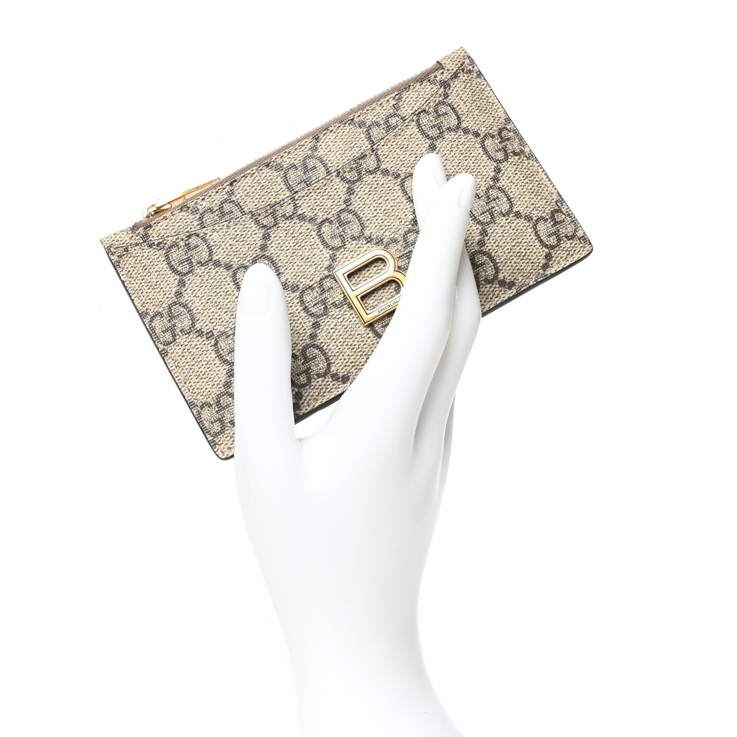 X BALENCIAGA GG Supreme Monogram Zip Card Case Beige Ebony